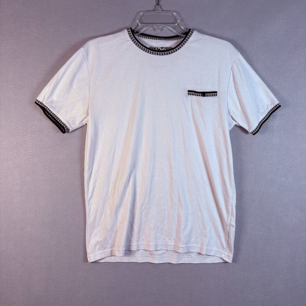 Denim & Flower White T-Shirt Houndstooth Trim Pocket Tee Men's Size Small